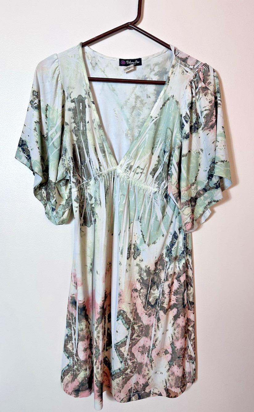 Volume One Dress Juniors Sz Medium M Green Peach Empire Waist Boho Tunic‎ Vacay